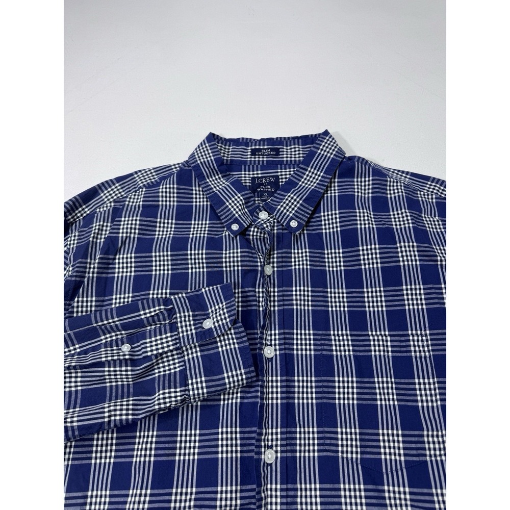 J Crew Flex Washed Slim Untucked Button Shirt Men's XL Blue White Plaid Modern